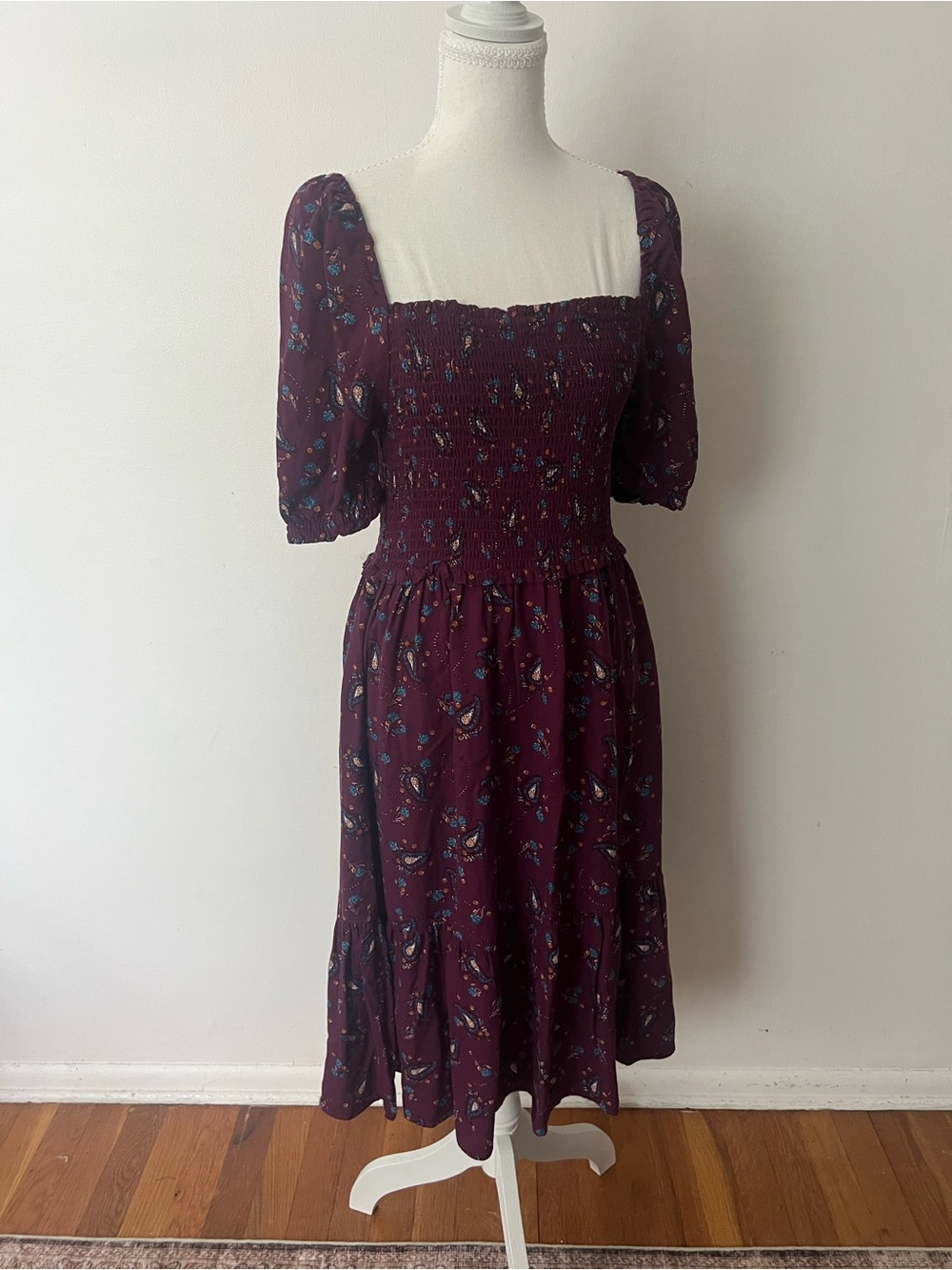 Time & Tru purple paisley midi dress, women S, cottage farmhouse, milkmaid fall